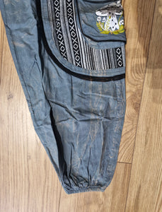 Grey blue Aztec Pocket Loose Fit Mushroom Embroidery Parachute Cargo Bohemian cotton Trousers