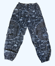 Load image into Gallery viewer, Black Stonewashed mushroom print cotton trousers unisex hippy festival wear