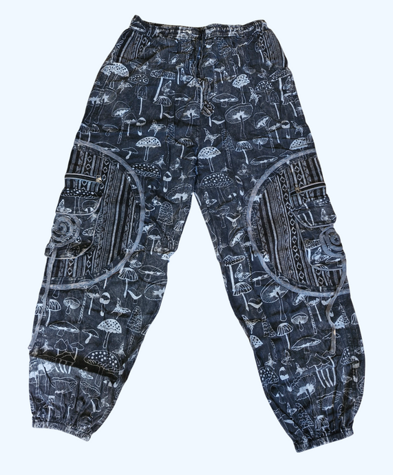 Black Stonewashed mushroom print cotton trousers unisex hippy festival wear