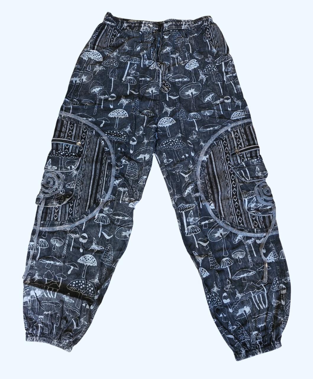 Black Stonewashed mushroom print cotton trousers unisex hippy festival wear