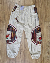 Load image into Gallery viewer, Cream Aztec Pocket Loose Fit Mushroom Embroidery Parachute Cargo Bohemian cotton Trousers