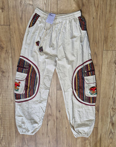 Cream Aztec Pocket Loose Fit Mushroom Embroidery Parachute Cargo Bohemian cotton Trousers