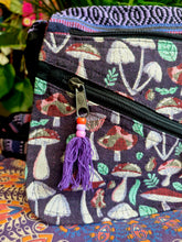 Load image into Gallery viewer, Purple mushroom print cotton zipped shoulder bag hippy festival alternative