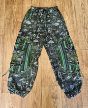 Load image into Gallery viewer, Green Stonewashed mushroom print cotton trousers unisex hippy festival wear
