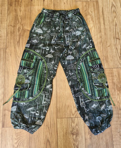 Green Stonewashed mushroom print cotton trousers unisex hippy festival wear