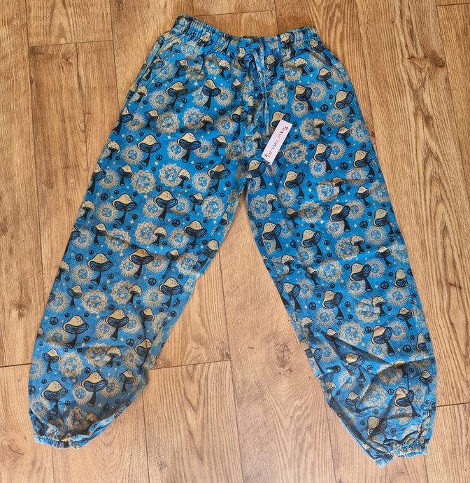 Mushroom moon print hippy trousers festival fashion 100%cotton handprints fairtrade alternative clothing