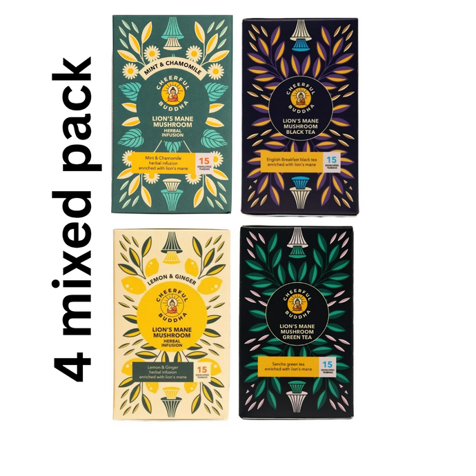 Mixed 4 pack Lions mane mushroom tea by cheerful buddha. ( green, black, lemon and ginger, mint and chamomile)