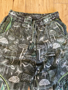 Green Stonewashed mushroom print cotton trousers unisex hippy festival wear
