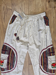 Cream Aztec Pocket Loose Fit Mushroom Embroidery Parachute Cargo Bohemian cotton Trousers