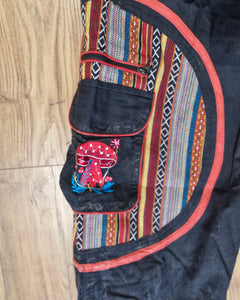 Black Aztec Pocket Loose Fit Mushroom Embroidery Parachute Cargo Bohemian cotton Trousers