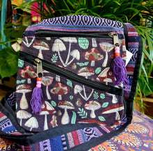 Load image into Gallery viewer, Purple mushroom print cotton zipped shoulder bag hippy festival alternative