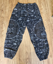Load image into Gallery viewer, Black Stonewashed mushroom print cotton trousers unisex hippy festival wear