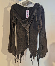 Load image into Gallery viewer, Black pixie hood Acid wash long sleeve top gothic hippie festival wear alternative fashion