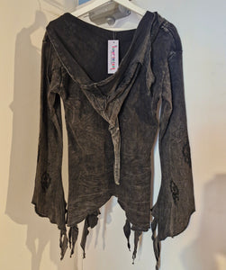 Black pixie hood Acid wash long sleeve top gothic hippie festival wear alternative fashion
