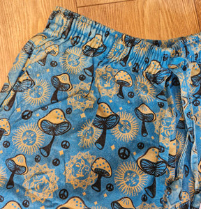 Mushroom moon print hippy trousers festival fashion 100%cotton handprints fairtrade alternative clothing