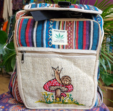 Load image into Gallery viewer, snail on mushroom hemp backpack rucksack hippy bag festival wear alternative 
