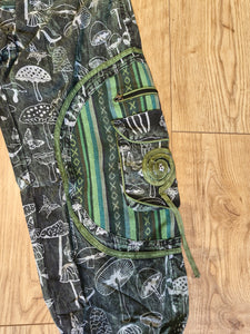 Green Stonewashed mushroom print cotton trousers unisex hippy festival wear