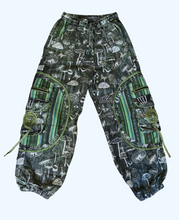 Load image into Gallery viewer, Green Stonewashed mushroom print cotton trousers unisex hippy festival wear