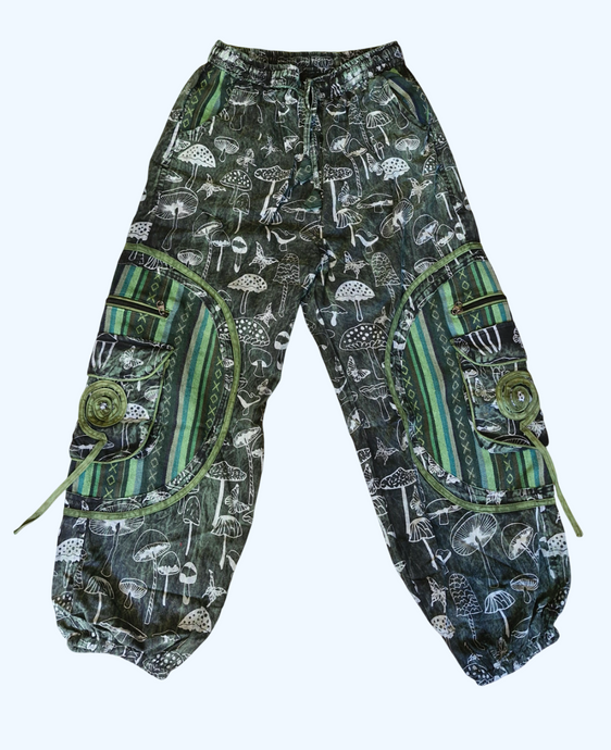 Green Stonewashed mushroom print cotton trousers unisex hippy festival wear
