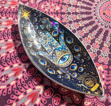 Load image into Gallery viewer, Blue hamsa enamel incense holder boho hippy fairtrade