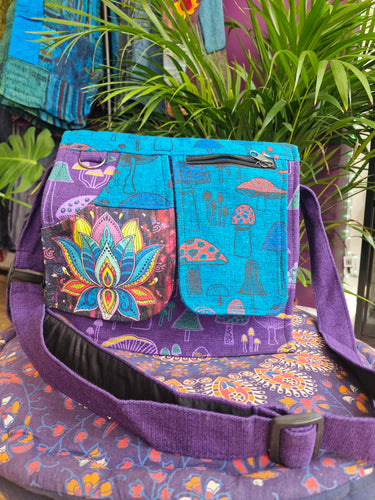 Lotus and mushroom printed with pocket messenger bag