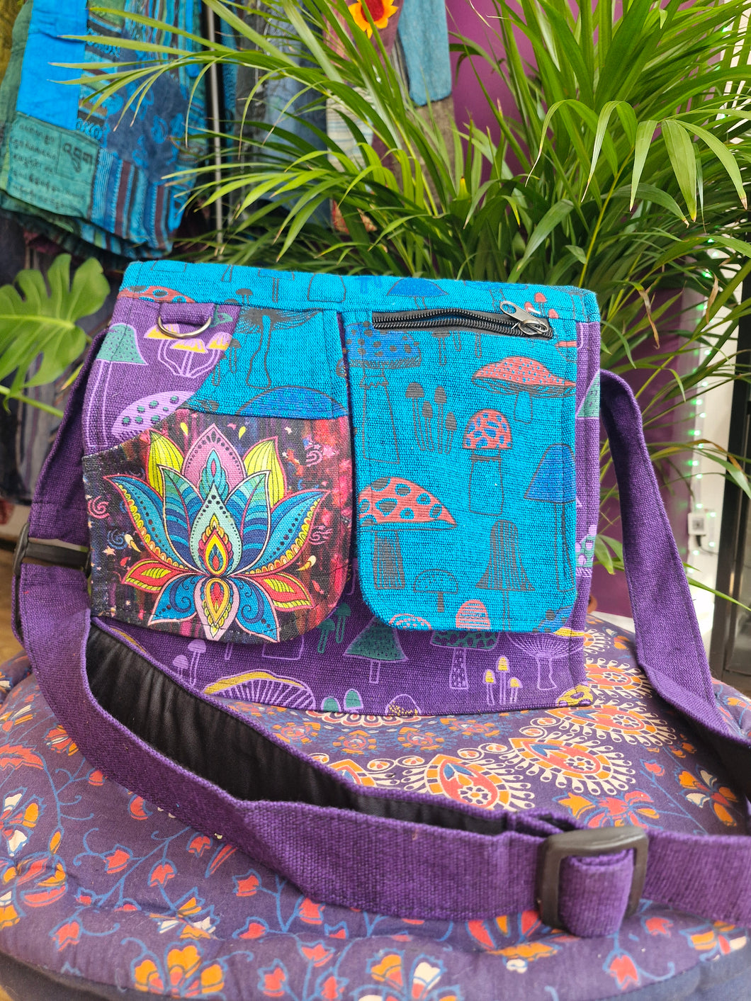 Lotus and mushroom printed with pocket messenger bag