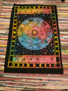 Zodiac,horoscope Indian tapestry, tie dye small wall hanging, boho decor, cotton mandala throw, hippy throw, handmade fairtrade, handprinted
