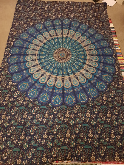 Peacock mandala indian tapestry, throw, double bedspread