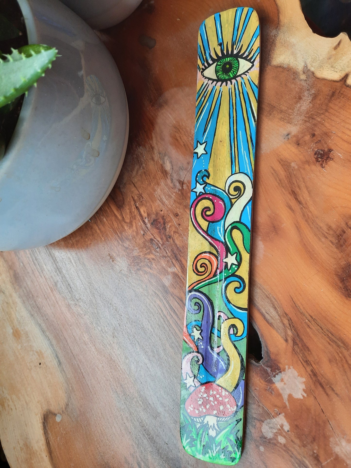 Rainbow mushroom handpainted  wooden incense holder with satya incense