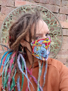 Psychedelic trippy mushroom face mask, face covering, reusable, washable with adjustable elastic ear loops, hippy  unisex