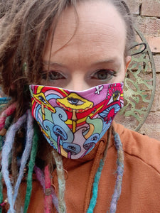 Psychedelic trippy mushroom face mask, face covering, reusable, washable with adjustable elastic ear loops, hippy  unisex