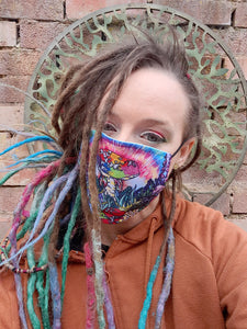Psychedelic trippy rainbow mushroom face mask, face covering, reusable, washable with adjustable elastic ear loops, hippy  unisex