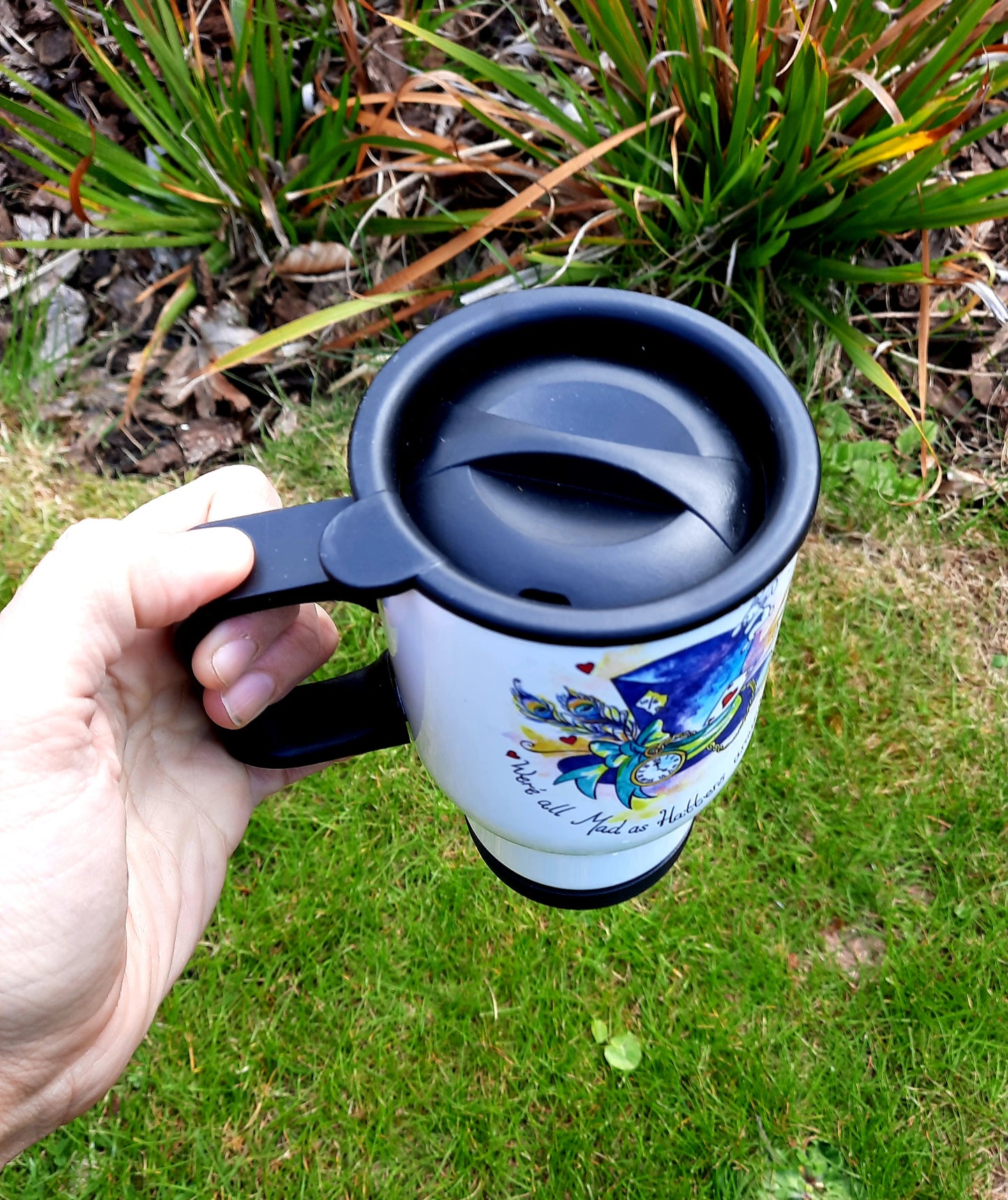 Alice in wonderland travel mug, alternative alice mug, mad hatters tea party