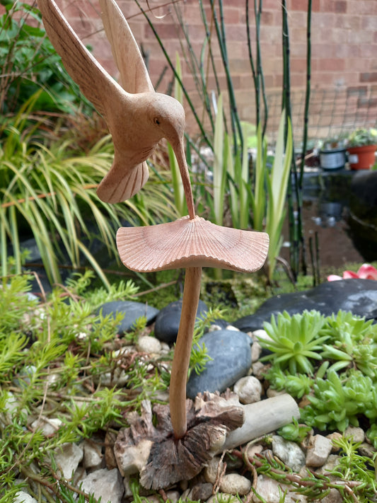 Mushroom and hummingbird wood carving, mushroom wood sculpture, forager gift,pretty toadstools gift, gift for garden lovers,fair trade gift