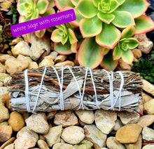 Load image into Gallery viewer, White sage smudging stick with lavender, cinnamon, rosemary, peppermint, rose petals