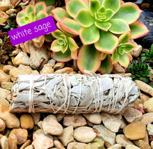 Load image into Gallery viewer, White sage smudging stick with lavender, cinnamon, rosemary, peppermint, rose petals