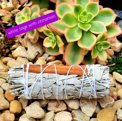 White sage smudging stick with lavender, cinnamon, rosemary, peppermint, rose petals