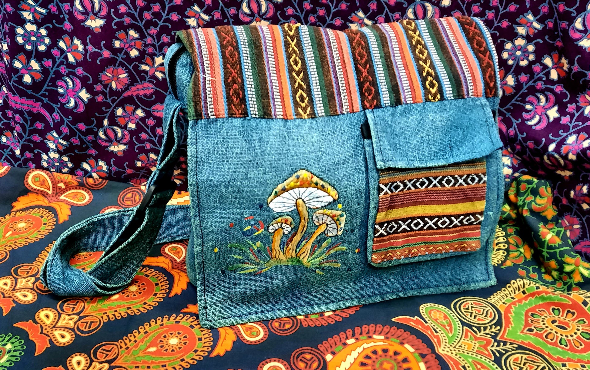 hemp turquoise mushroom messenger bag festival hippy bag