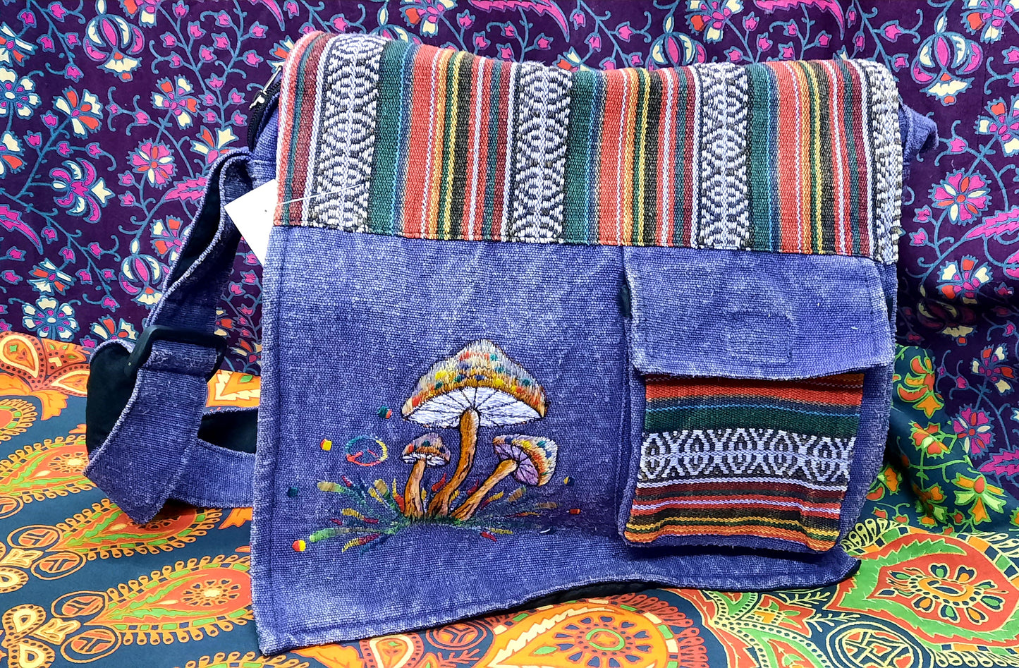 hemp turquoise mushroom  purple messenger bag festival hippy bag