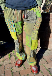 Unisex little kathmandu gheri green patchwork trousers fleece lined fairtrade trousers