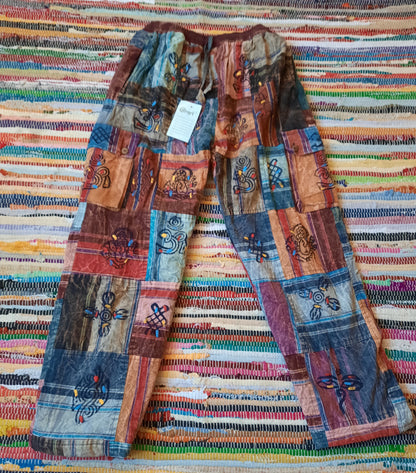 Block print fleece lined 100% cotton paychwork hippy trousers little kathmandu gheri festival wear camping gear fairtrade