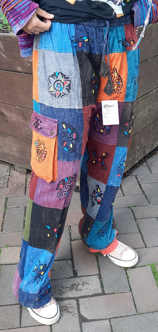 Block print, Patchwork hippy trousers, 100% cotton, cargo style, fairtrade, festival wear, little kathmandu, gheri, unisex