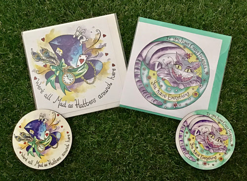 Alice in wonderland, mad hatter, Cheshire Cat, card and coaster gift