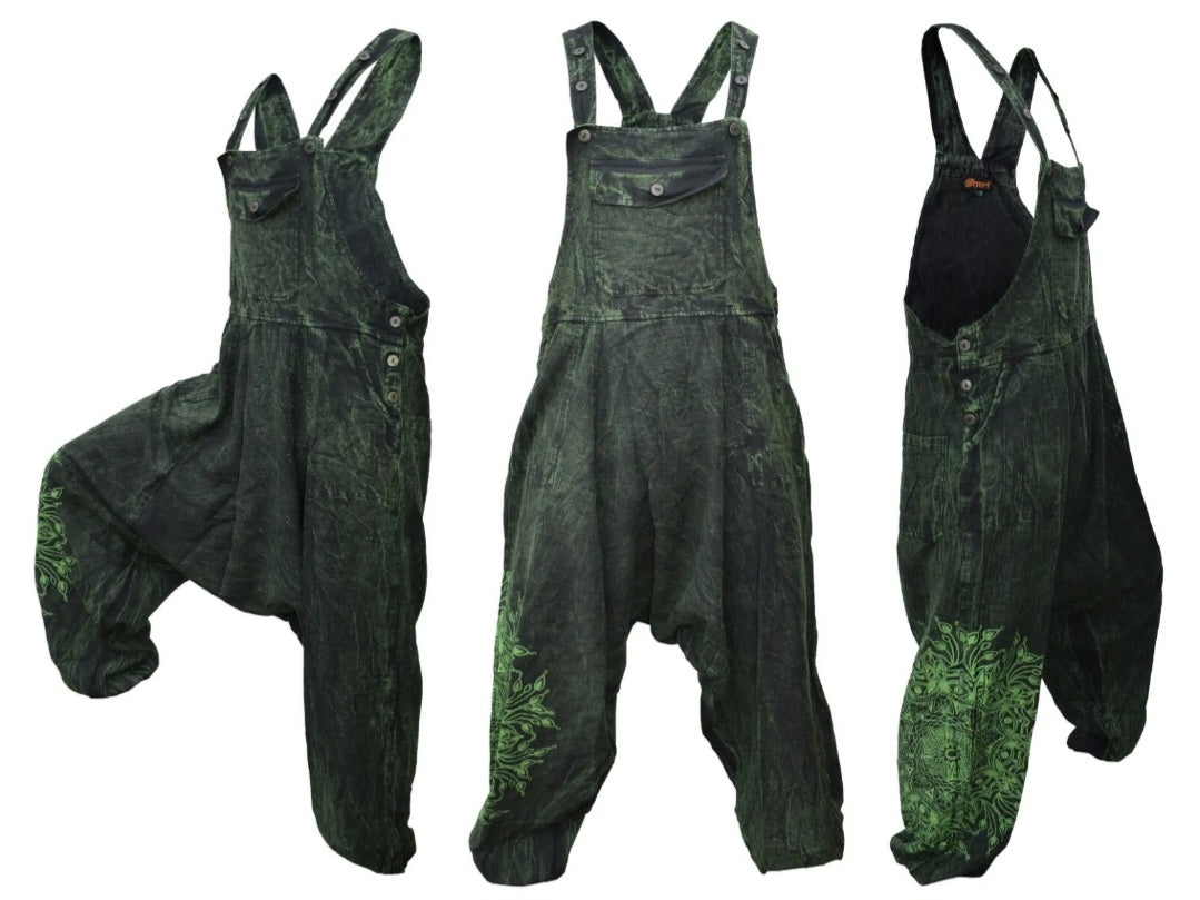 Green mandale harem stonewashed dungarees 100% cotton fairtrade hippy trousers