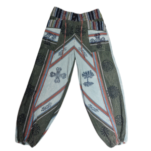 green hippy print trousers gringo fairtrade