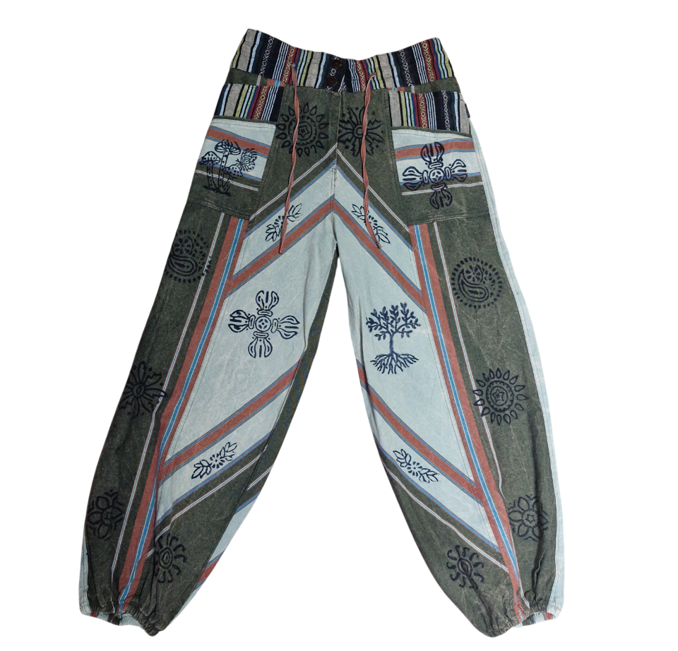 green hippy print trousers gringo fairtrade green hippy print trousers gringo fairtrade