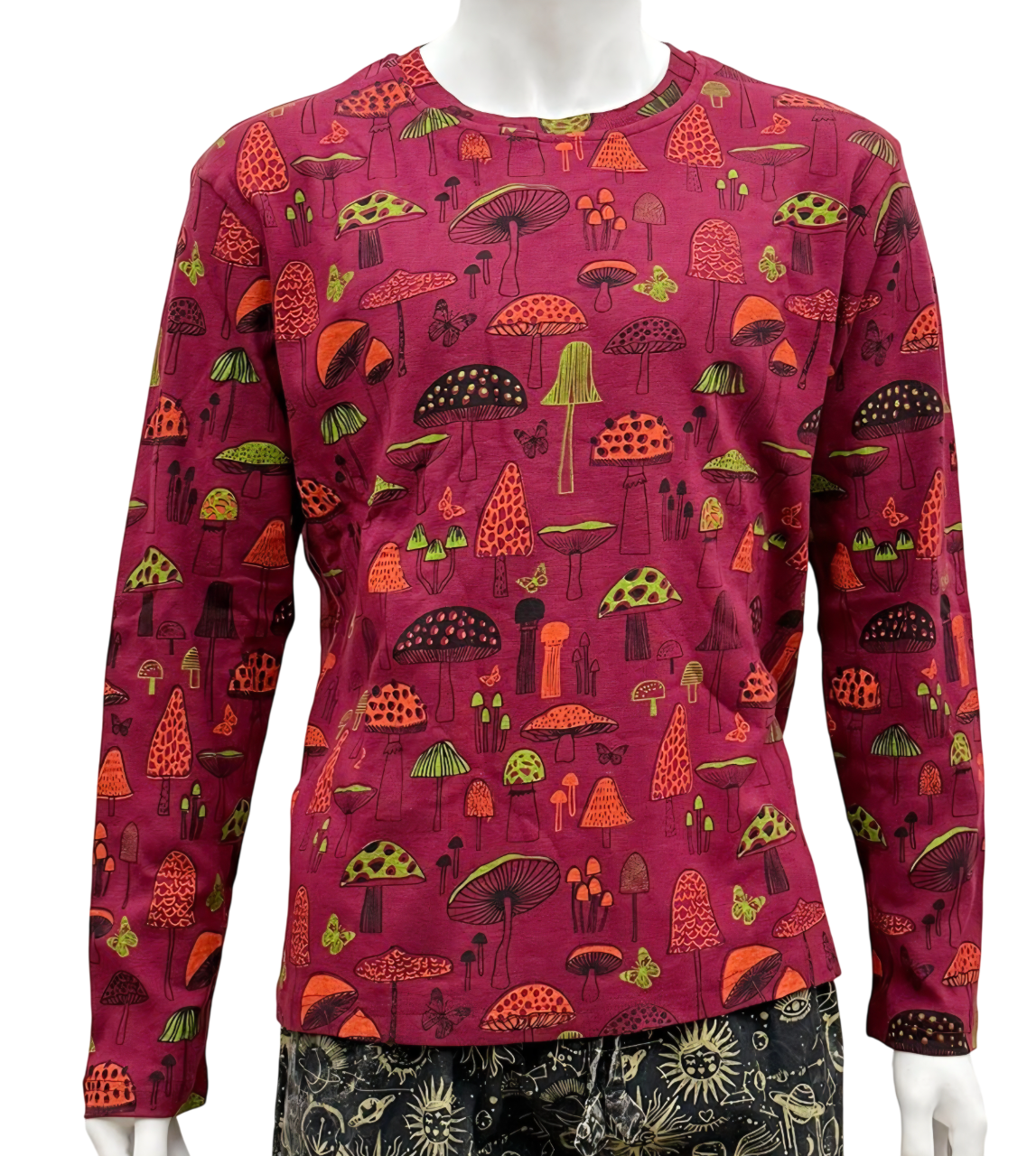 Red Long Sleeved Hippie Mushroom Print Tshirt Cotton Festival Boho Fairtrade