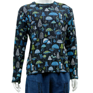 Blue Long Sleeved Hippie Mushroom Print Tshirt Cotton Festival Boho Fairtrade