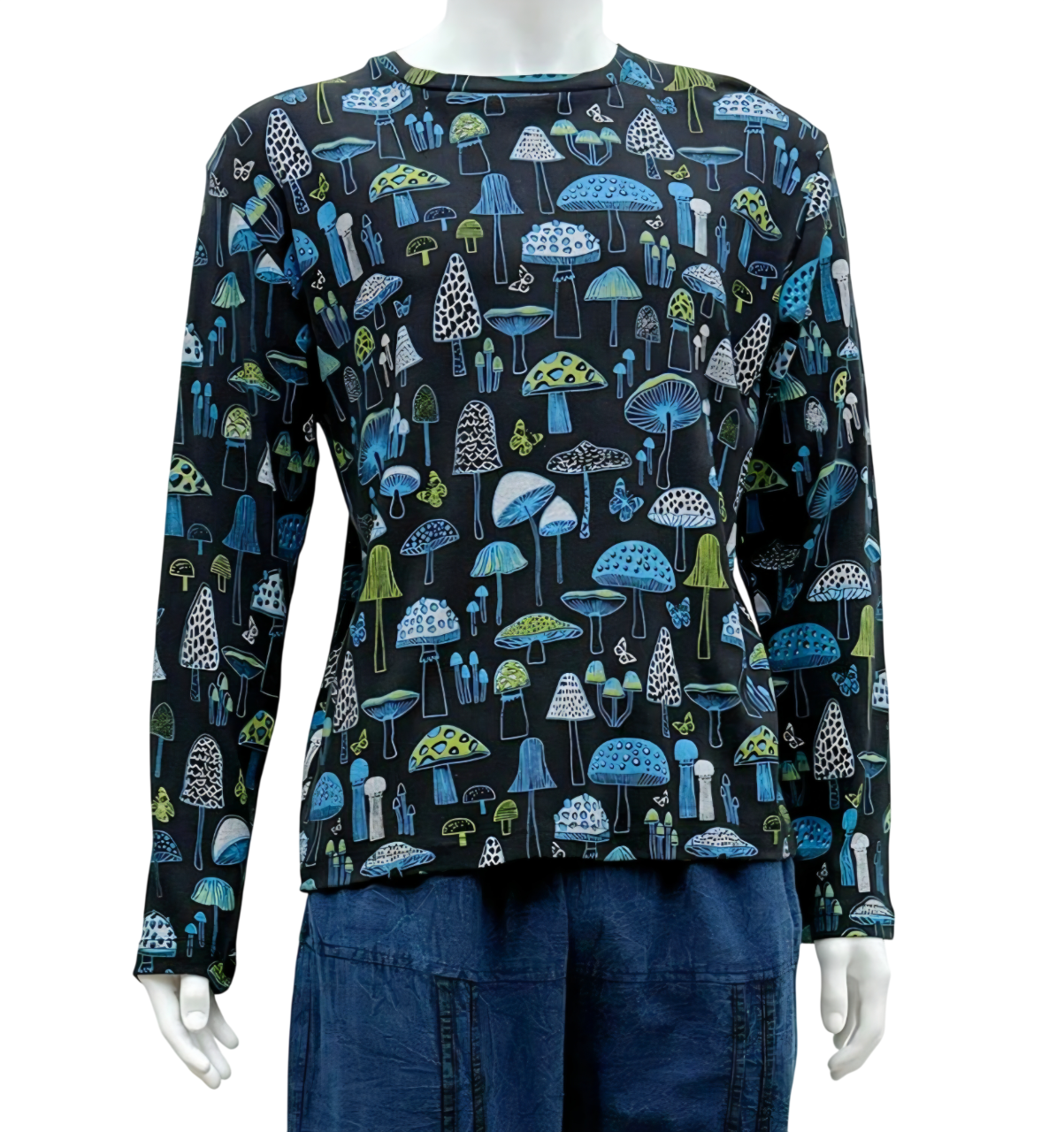 Blue Long Sleeved Hippie Mushroom Print Tshirt Cotton Festival Boho Fairtrade
