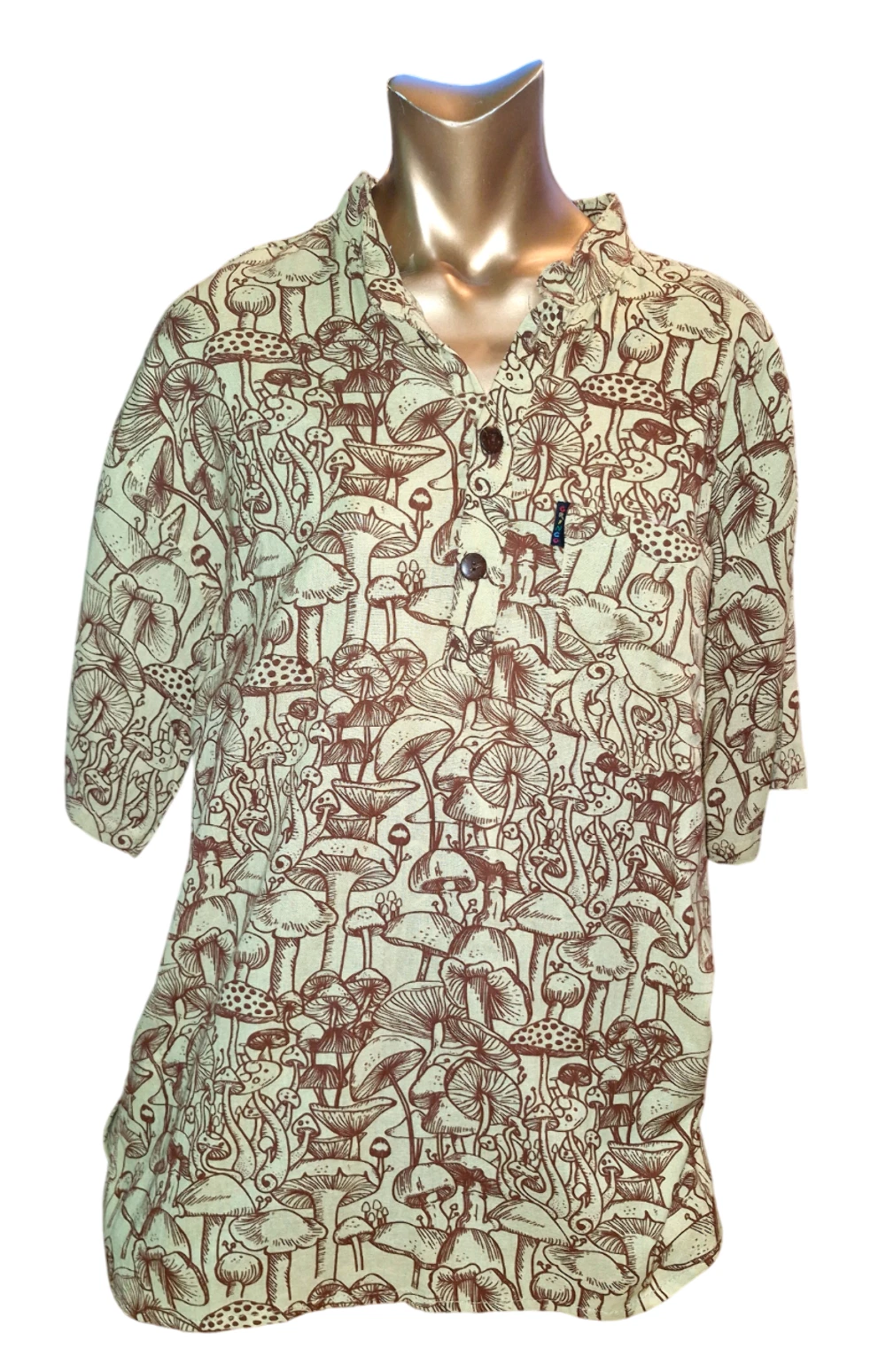 Gringo Mushroom Print Beige Short Sleeve Hippy Shirt Fairtrade Boho Festival